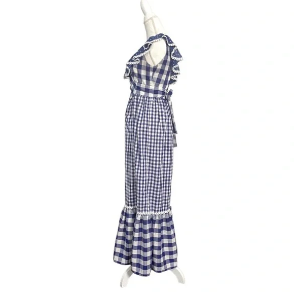 Vintage 70s Blue Gingham Maxi Dress White Checkered Prairie Dress Plaid Long - Picture 12 of 14